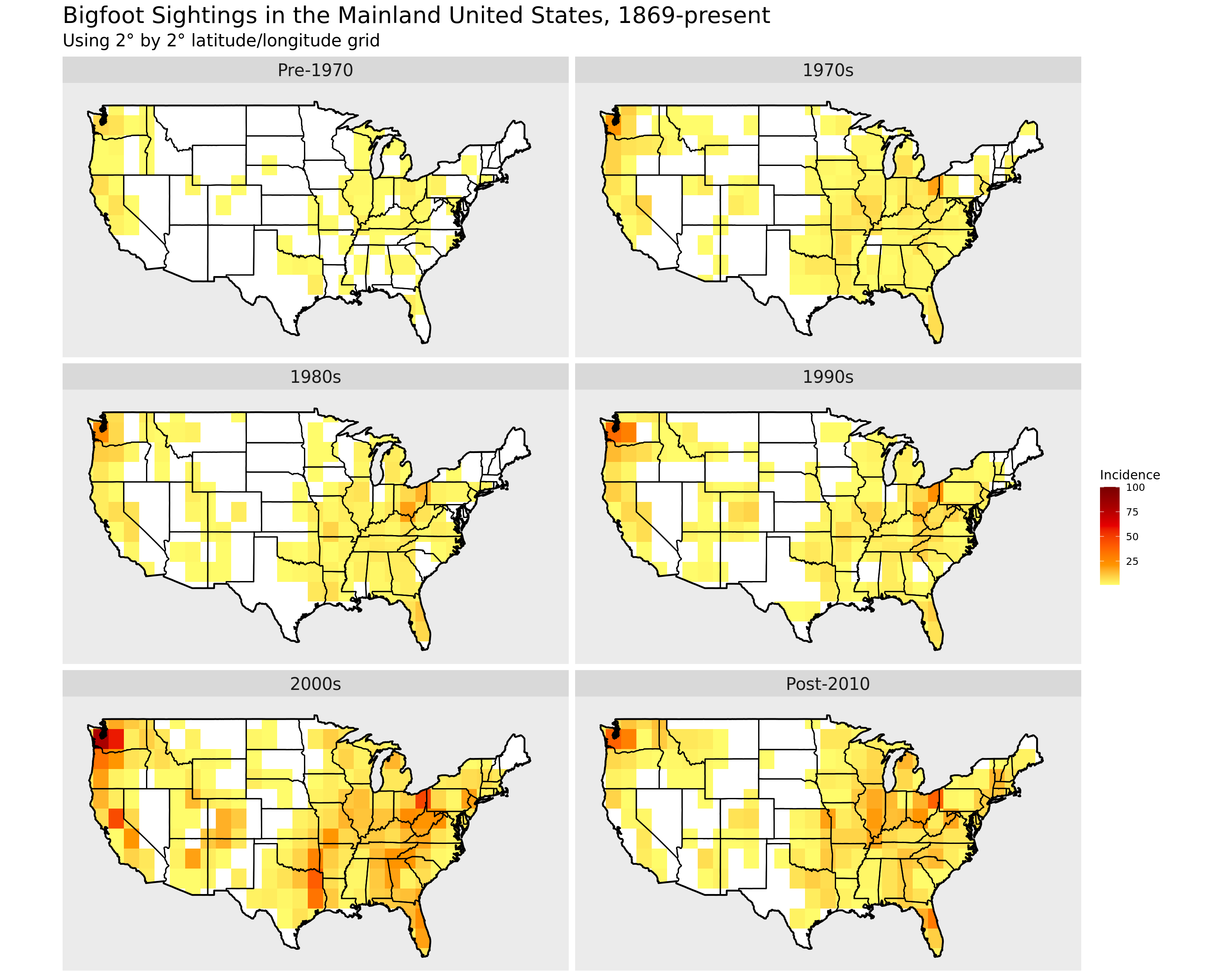 Bigfoot Sightings in the Mainland United States, 1869-present.